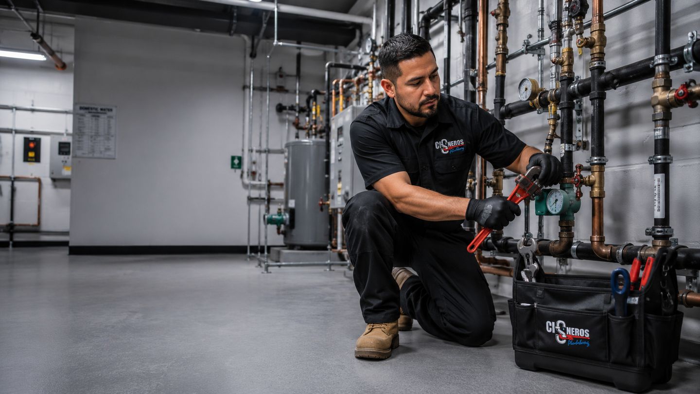 Técnico de Cisneros Plumbing dando servicio a tuberías de cobre en un cuarto de máquinas comercial