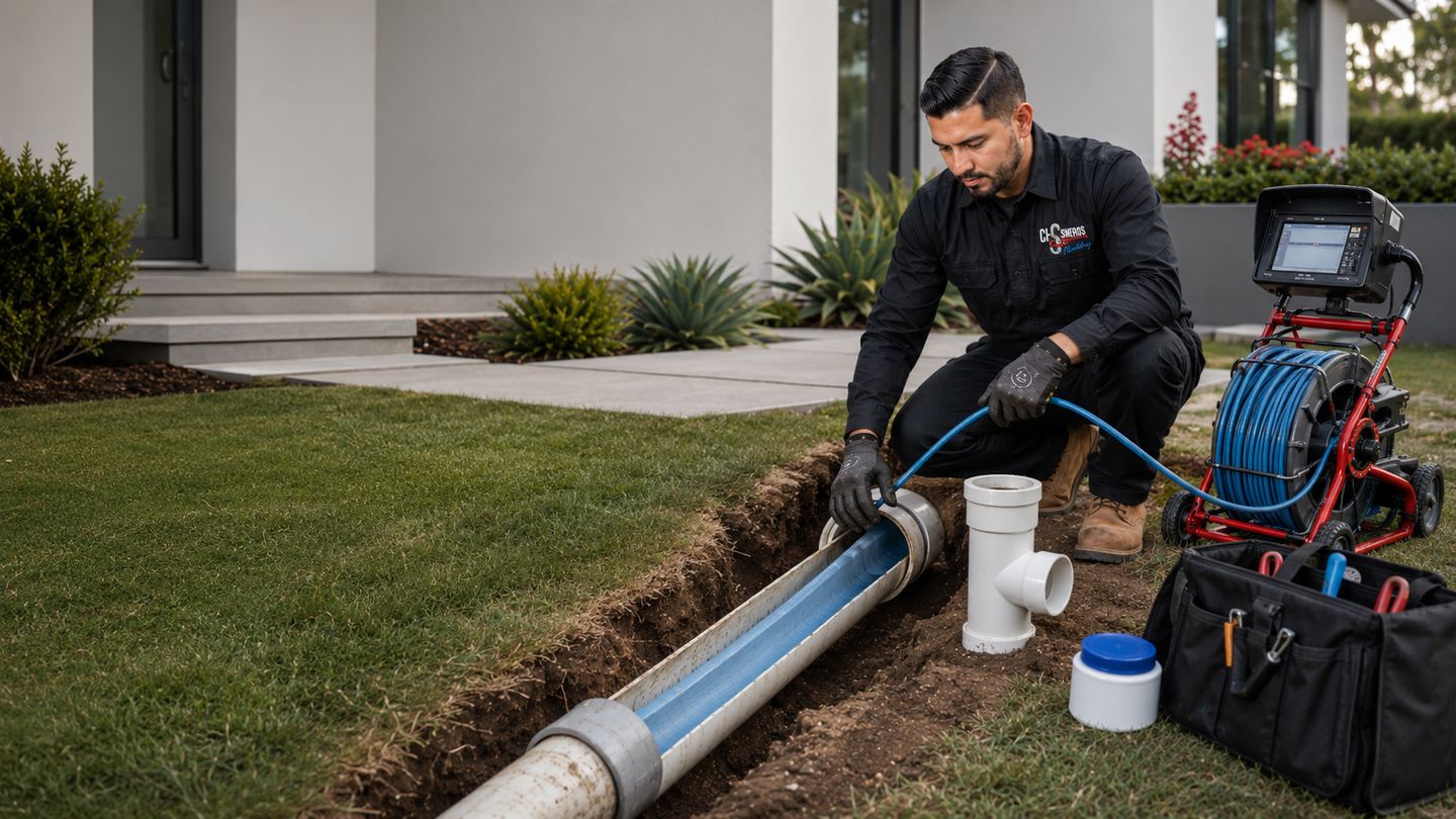 Técnico de Cisneros Plumbing instalando un revestimiento (liner) dentro de una tubería existente