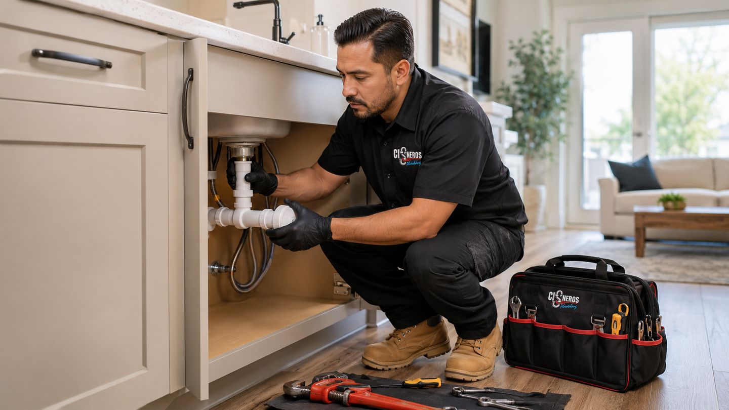 Técnico de Cisneros Plumbing reparando tubería debajo del fregadero en una cocina residencial