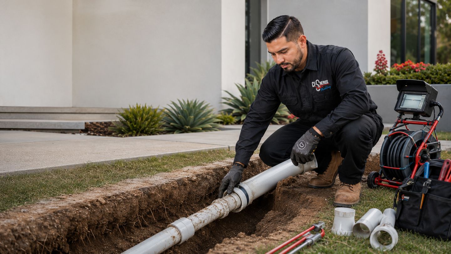 Técnico de Cisneros Plumbing instalando tubería nueva en una reparación de línea de alcantarillado